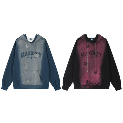 Butterfly Patch Embroidery Chain Drawstring Washed Hoodie Oversized Streetwear Y2K Grunge Casual Fall Winter Pullover Sweatshirt | Dusk Drift