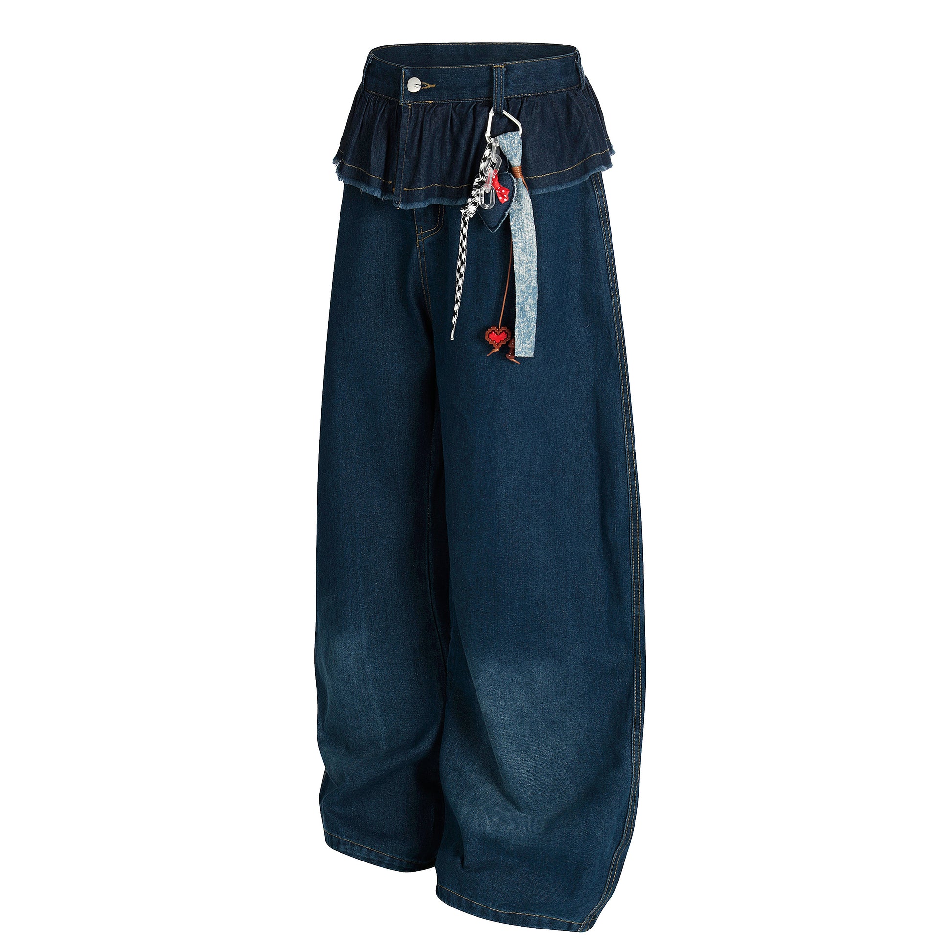 Women's Ruffle Fold-Over Waist Heart Charm Balloon Wide Leg Denim Jeans - Blue Front & Back View