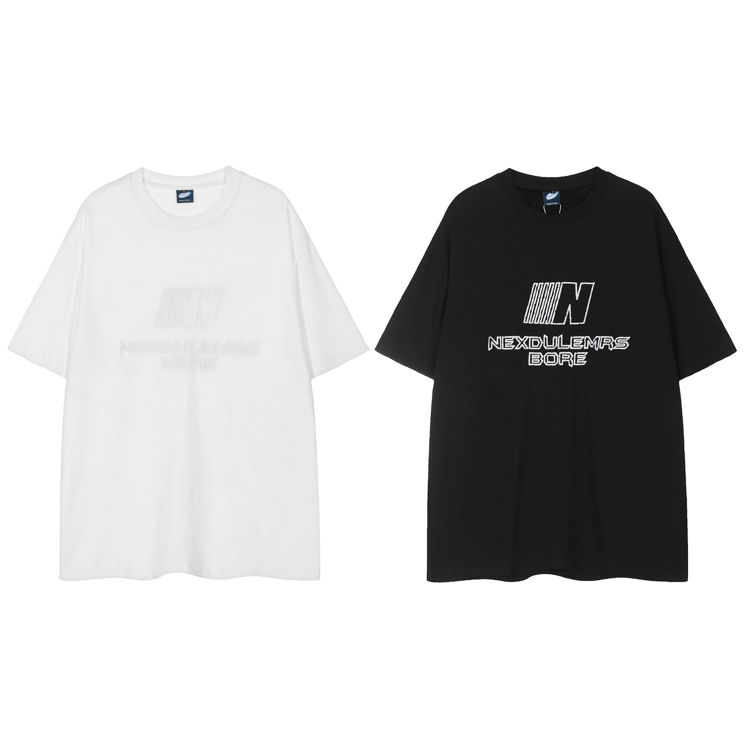 Nexdulemrs Bore N logo tee white and black - front comparison