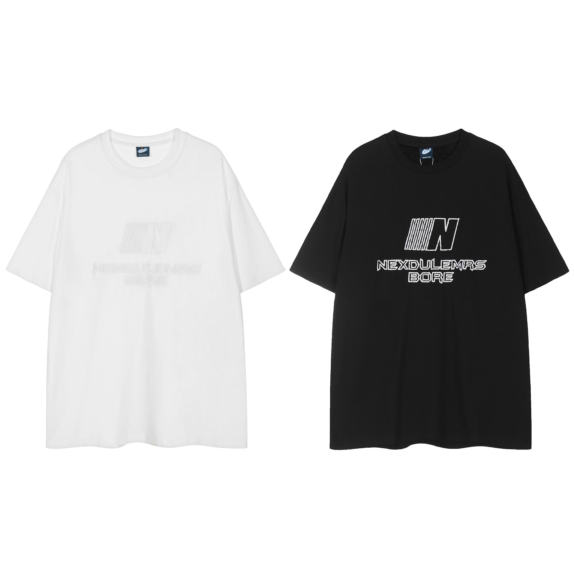 Nexdulemrs Bore N logo tee white and black - front comparison