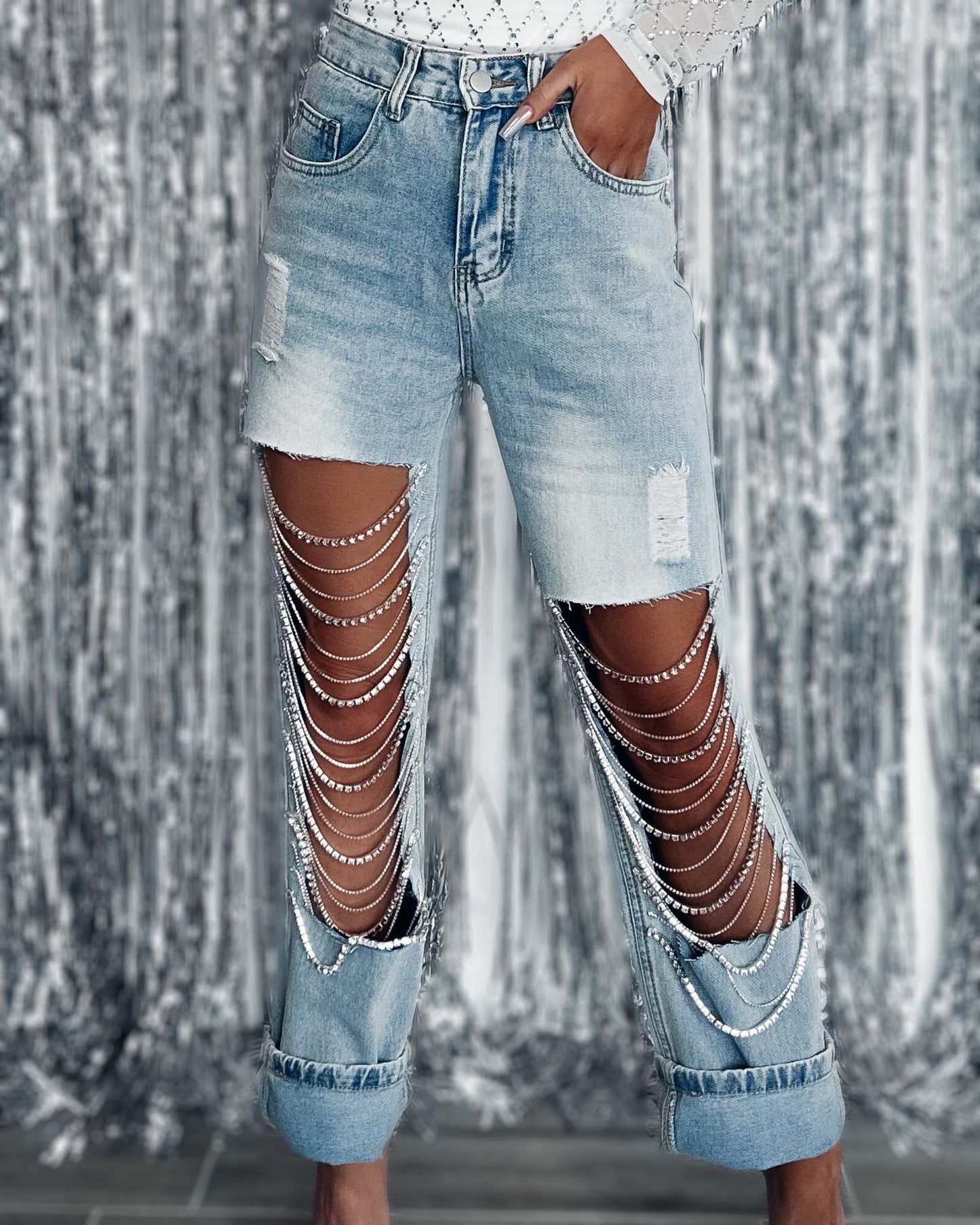 Early spring jeans with big holes for women, straight pants with chain ornaments