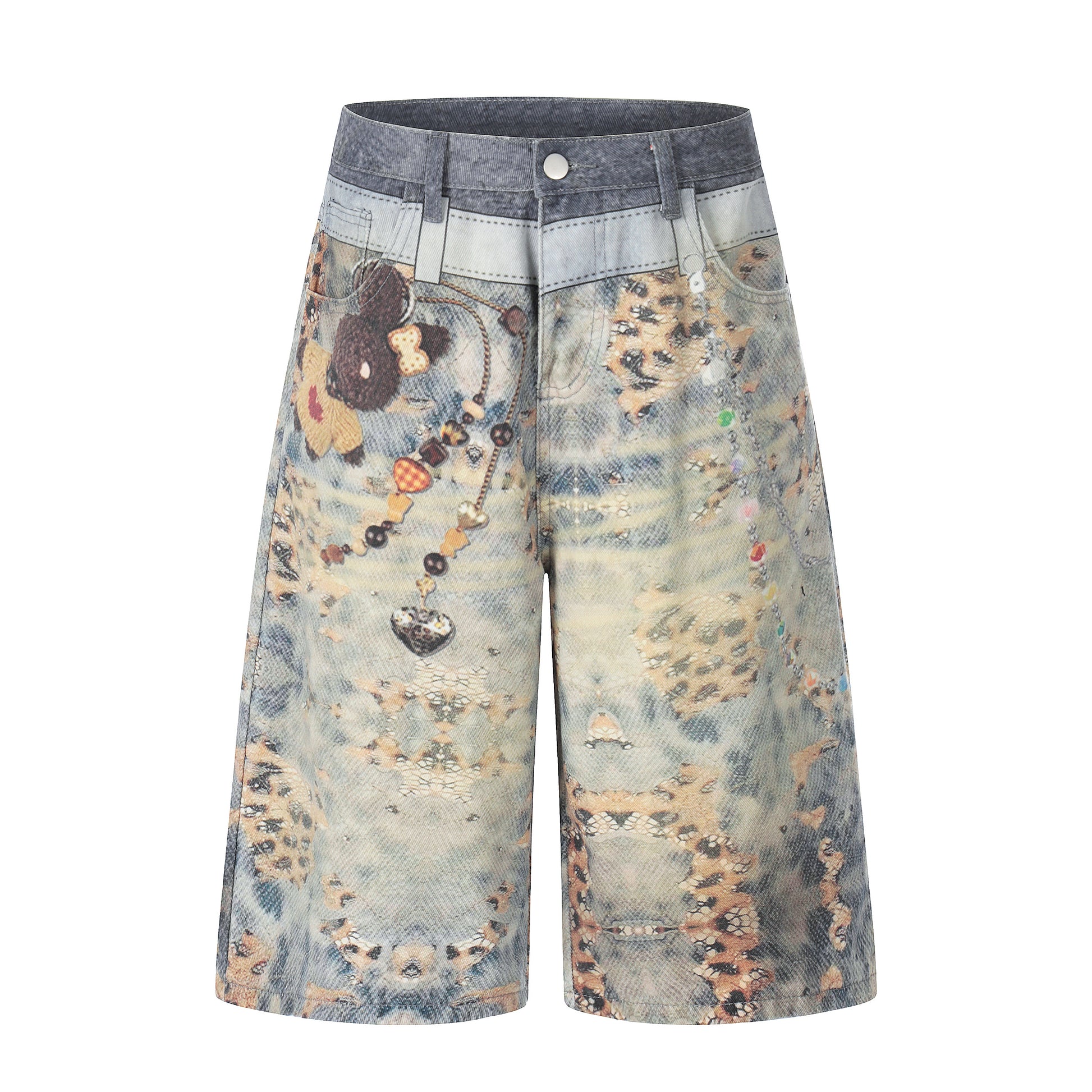 Women's Allover Print Bear Charm Chain Wide Leg Denim Shorts - Side View