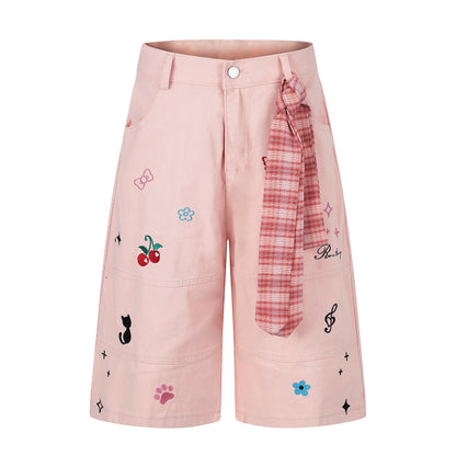 Women's Cute Embroidery Plaid Tie Wide Leg Denim Shorts High Waist Cherry Cat Bow Casual Sweet Streetwear Jean Shorts