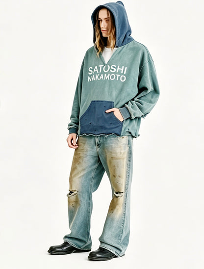 Distressed V-Cut Hoodie - Green