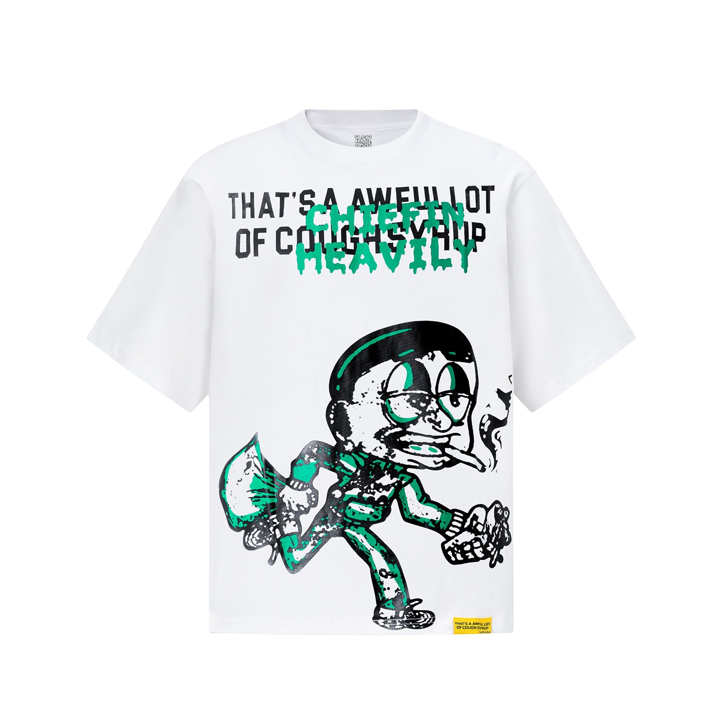 Black and white unisex graphic T-shirts with bold green Chiefln Heavy lettering and cartoon artwork - view 3