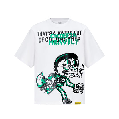 Unisex Graphic T-Shirt with Green Lettering, Cartoon Artwork and Crew Neck