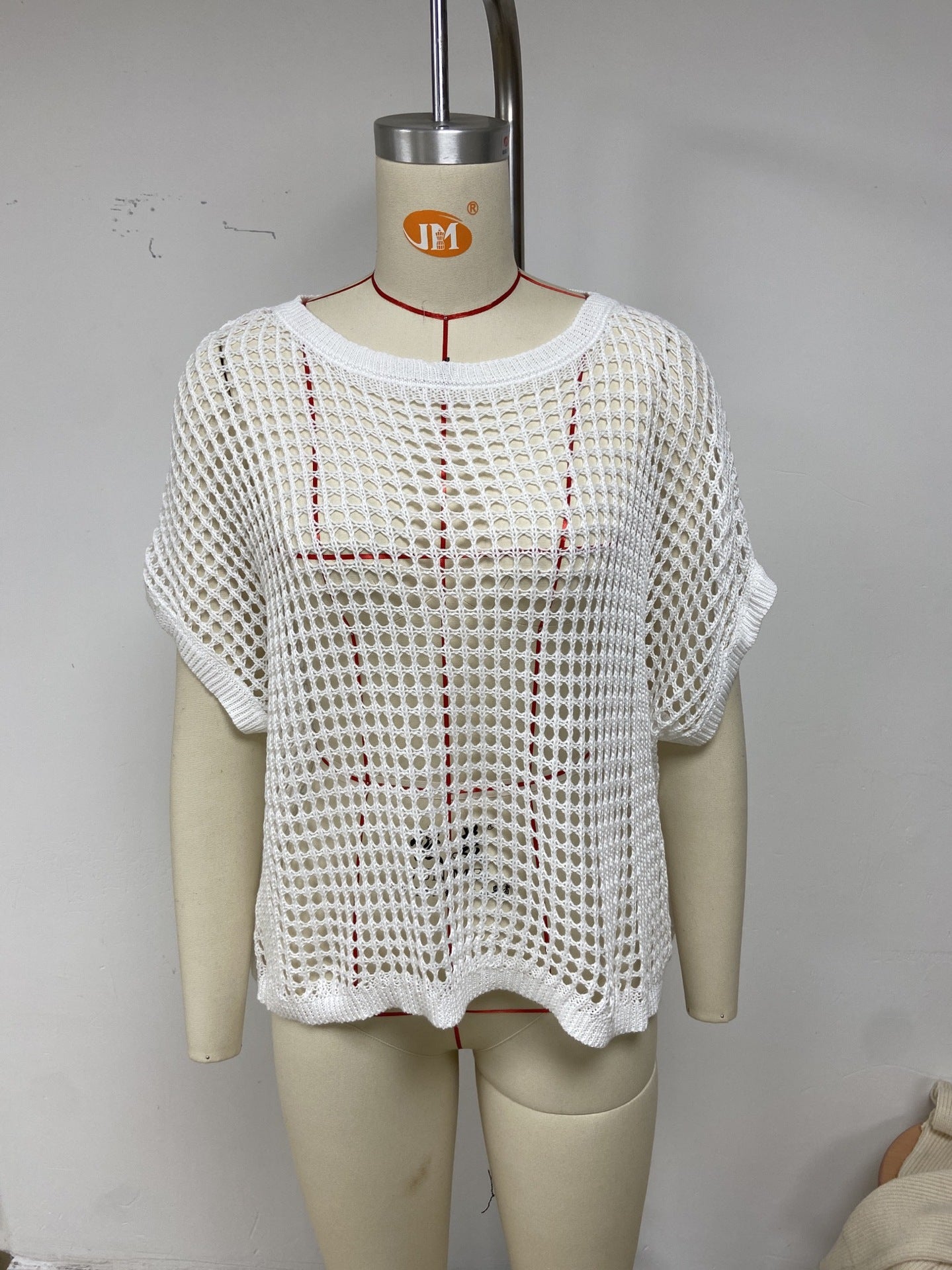 Dokotoo Damen Sommerpullover mit U-Ausschnitt, kurzärmelig, lässig, Häkel-Strickoberteil, Strand-Überzug