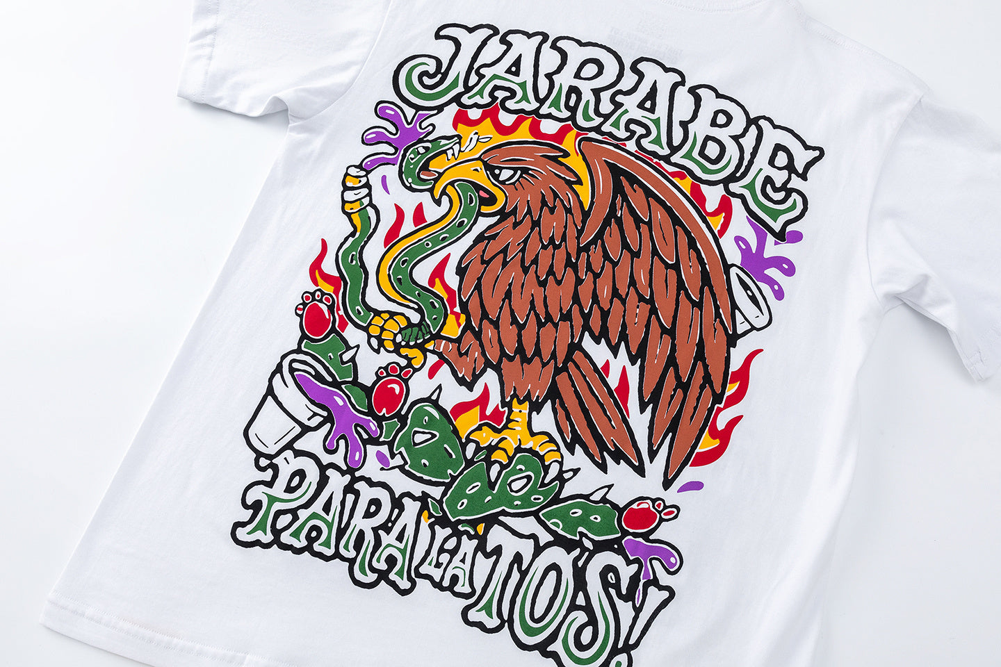 White graphic t-shirt with colorful flaming skull, street signs, and eagle back print - view 3
