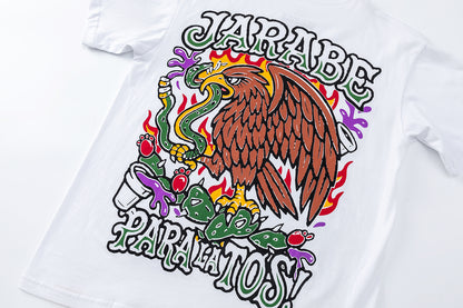 White Graphic T-Shirt with Flaming Skull and Eagle Back Print, Streetwear Tee