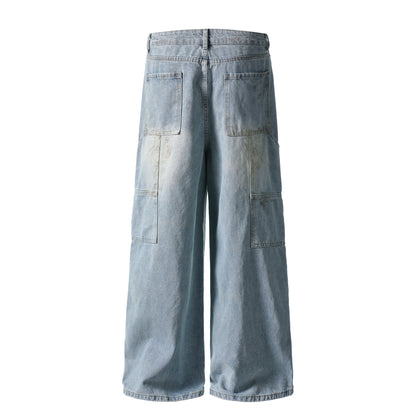 Curved Pocket Cargo Wide Leg Jeans High Waist Light Wash Mud Dye Faded Utility Streetwear Denim Trousers | Pocket Arc