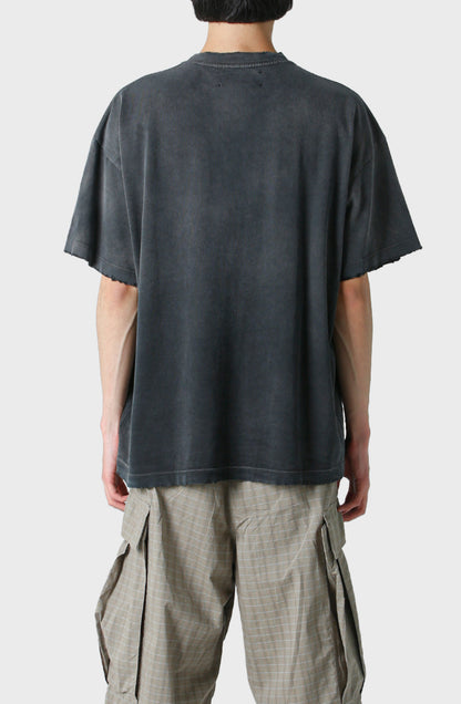 Satoshi Nakamoto NYC Skyline Moonrise Short Sleeve Tee Washed Navy 300g Heavy Stone Wash Cracked Print Streetwear | NYC Moonrise Tee