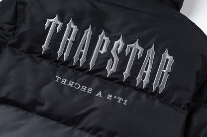 Trapstar Black and Gray Hooded Puffer Jacket, Quilted Zip-Up Streetwear Coat