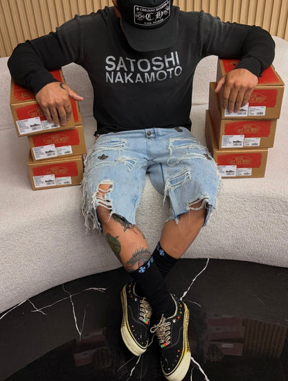 Satoshi Nakamoto Graphic Print Long Sleeve Waffle Knit Oversized Tee Casual Streetwear Top | Waffle Nakamoto