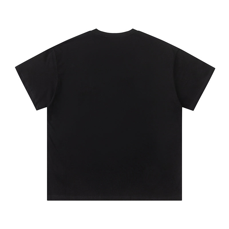 Black short sleeve graphic T-shirt with pink graffiti-style skull print - view 3