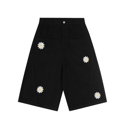 Women's ENJOY Daisy Flower Embroidery High Waist Wide Leg Shorts Casual Streetwear Summer Bermuda Shorts