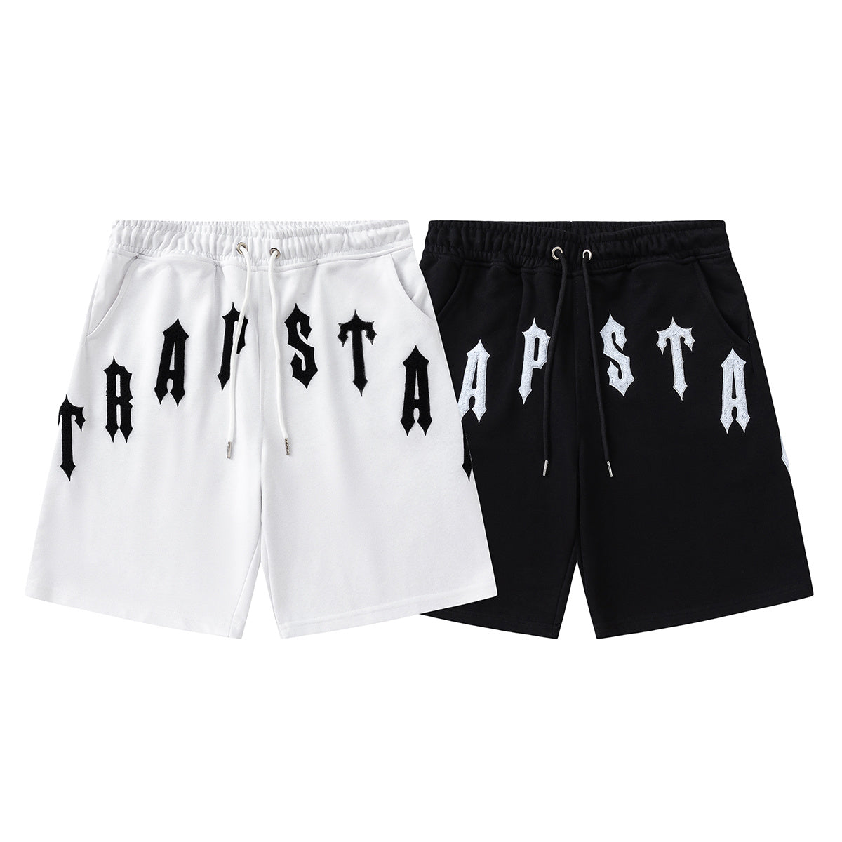 Trapstar unisex T-shirt and drawstring shorts set with bold logo graphics in black and white - view 3