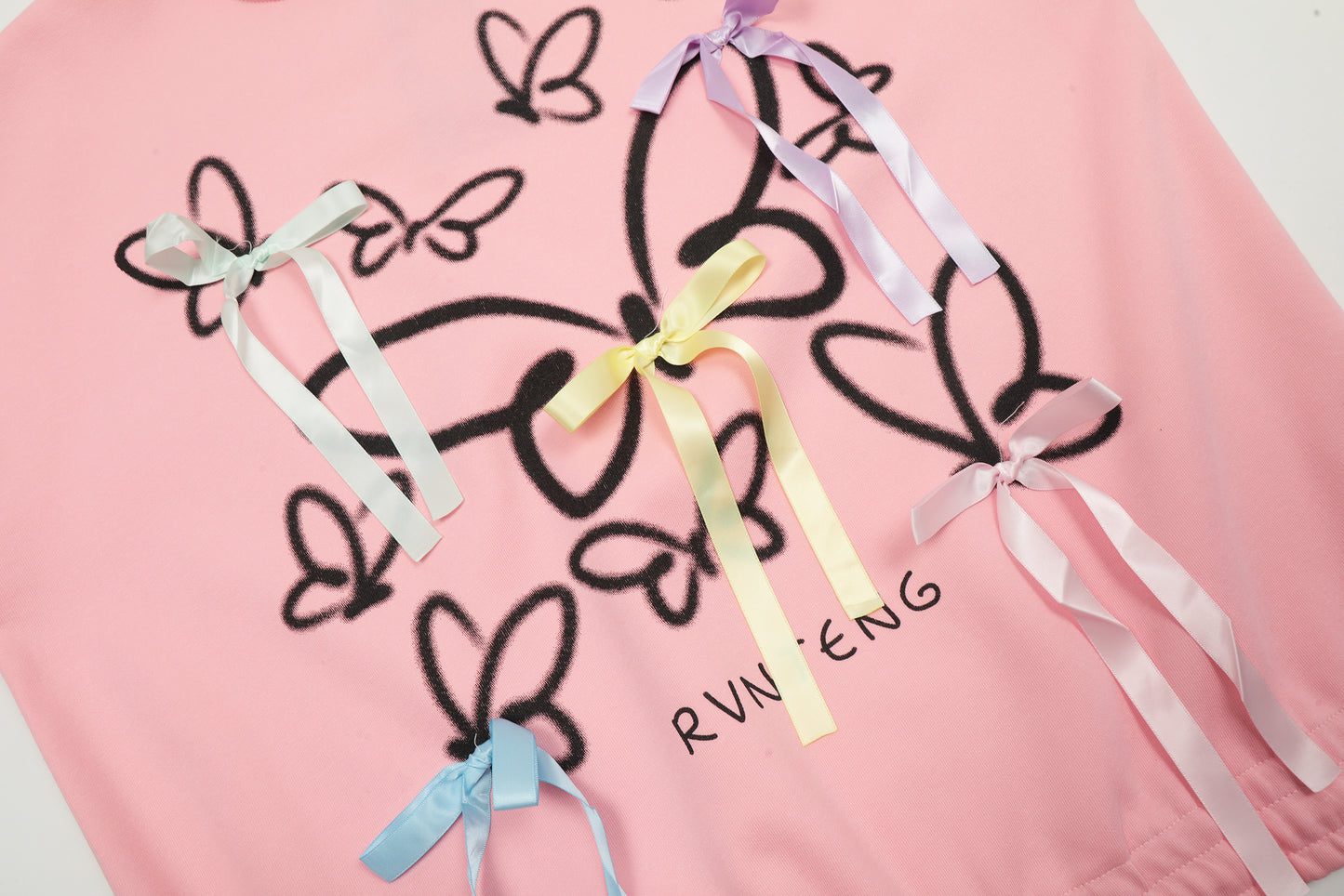Women's Butterfly Print Ribbon Bow Long Sleeve Crewneck Sweatshirt Side Lace Up Casual Pullover Top