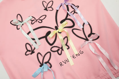 Women's Butterfly Print Ribbon Bow Long Sleeve Crewneck Sweatshirt Side Lace Up Casual Pullover Top