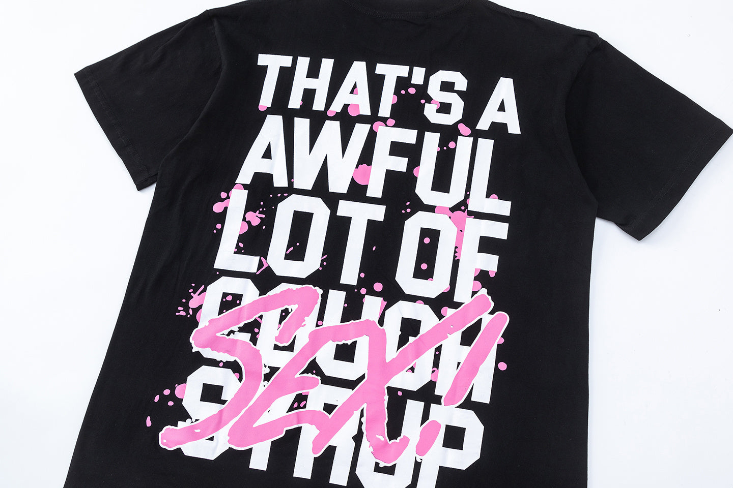 Black unisex graphic T-shirt with bold pink and white front and back prints - view 3
