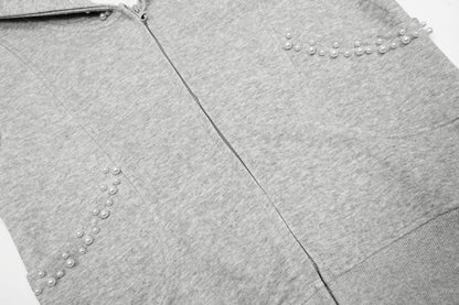 Women's RvntTeng Pearl Studded Hood Pocket Full Zip Hoodie Sweatshirt Long Sleeve Casual Streetwear Jacket