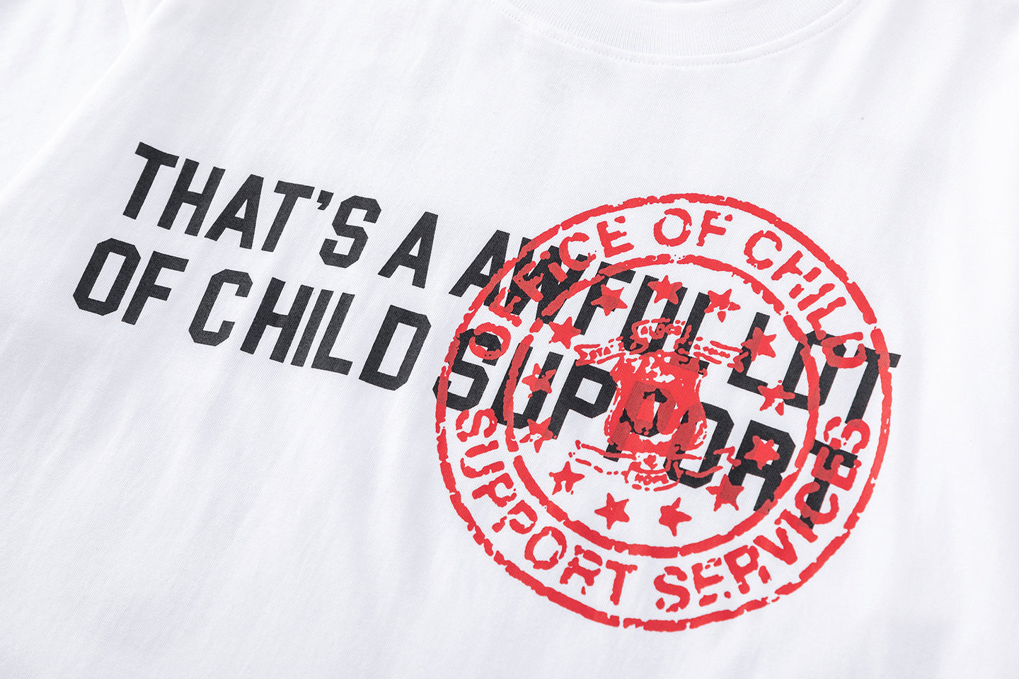 White unisex oversized graphic T-shirt with red front emblem and bold black back text - view 3