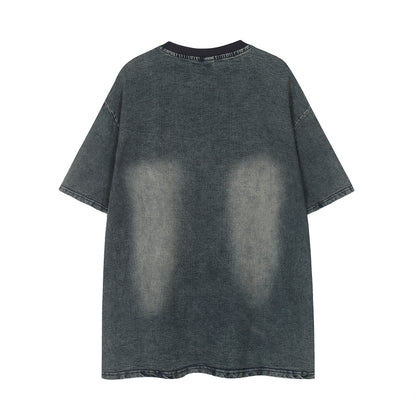 Oversized Washed Graphic Chain Embroidery Crewneck Short Sleeve Tee Streetwear Hip Hop Casual Summer T-Shirt