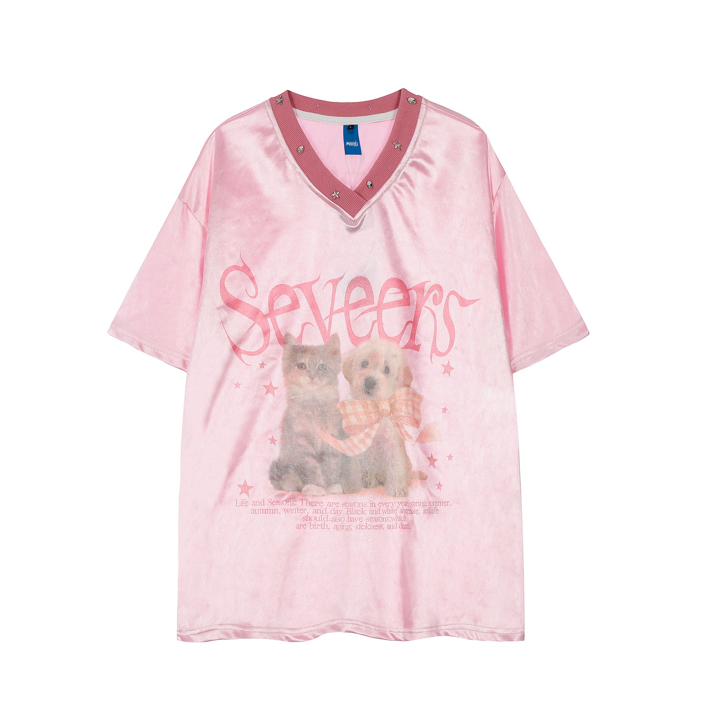 Seveers Cat Dog Print V-Neck Tee - Pink Back