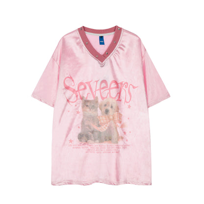 Seveers Cat Dog Print V-Neck Studded Contrast Collar Oversized Tee Short Sleeve Y2K Harajuku