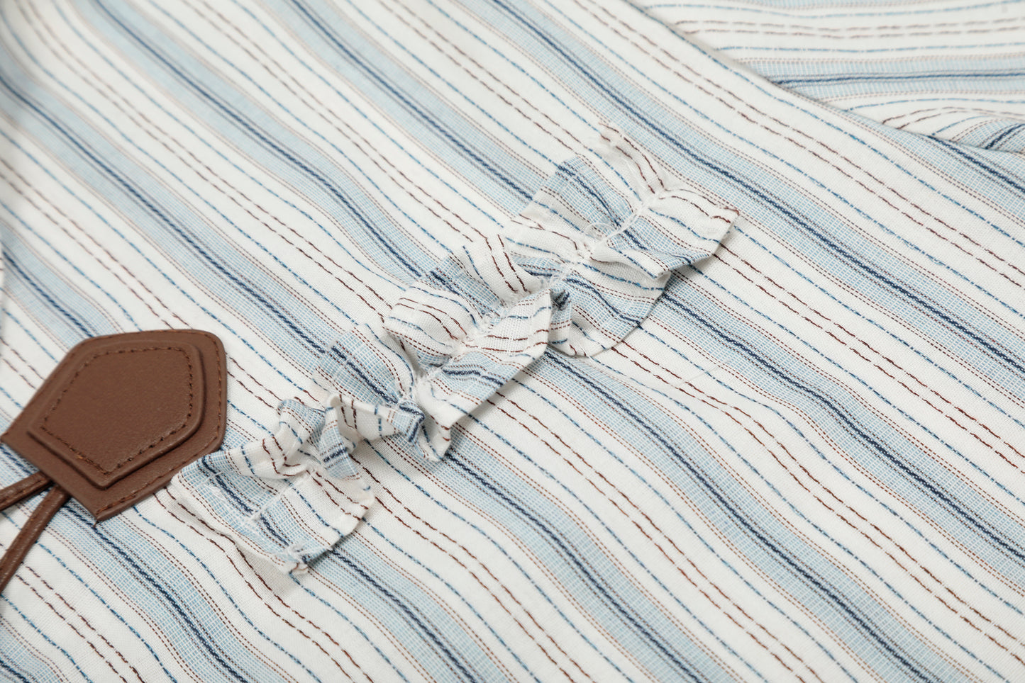 Stripe Fringe Collar Linen Cotton Short Sleeve Shirt Oversized Button Down Leather Buckle Detail Casual Summer Top | Fringe Stripe