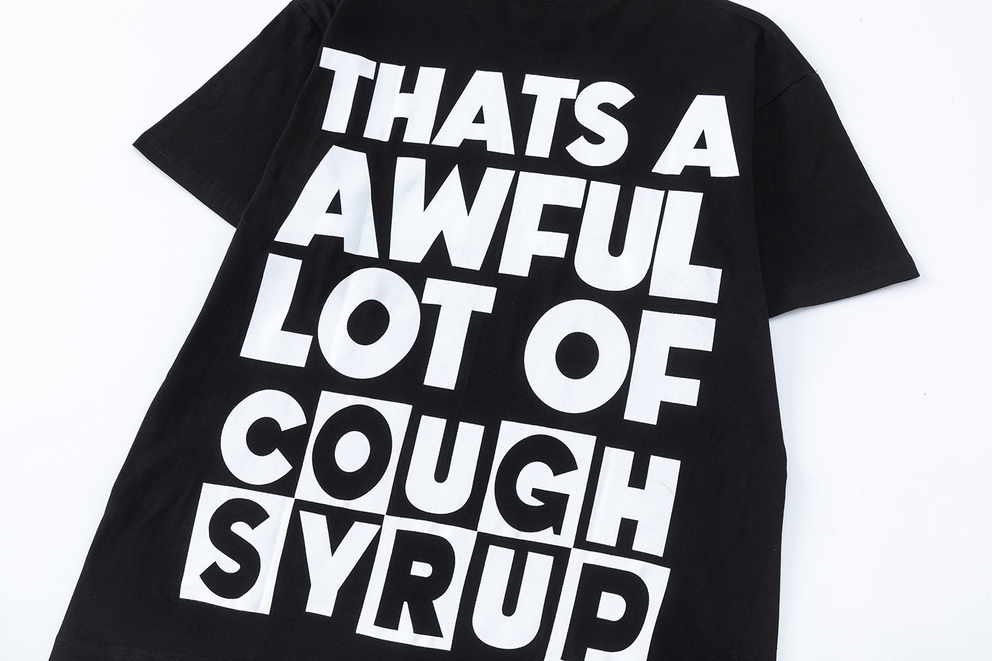Black oversized short-sleeve graphic T-shirt with Cough Syrup front print and large back text - view 3