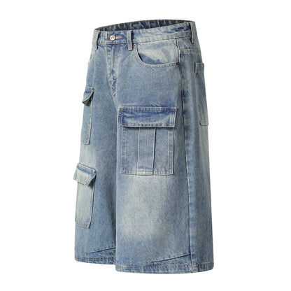 Multi-Pocket Cargo Denim Shorts Wide Leg High Waist Light Wash Vintage Streetwear Summer Casual Jean Shorts | Pocket Riot