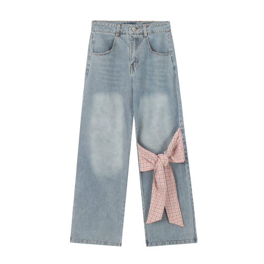 Plaid Bow Tie Side Leg Cutout Wide Leg Jeans - Green Bow Back Detail