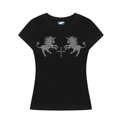 Twin Lion Cross Rhinestone Fitted Short Sleeve T-Shirt Slim Stretch Y2K Streetwear Coquette Casual Top | Lion Cross