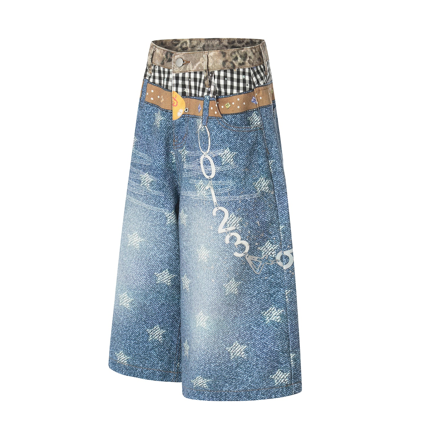 Women's Leopard Gingham Patchwork Star Print Wide Leg Denim Shorts - Front & Back Comparison
