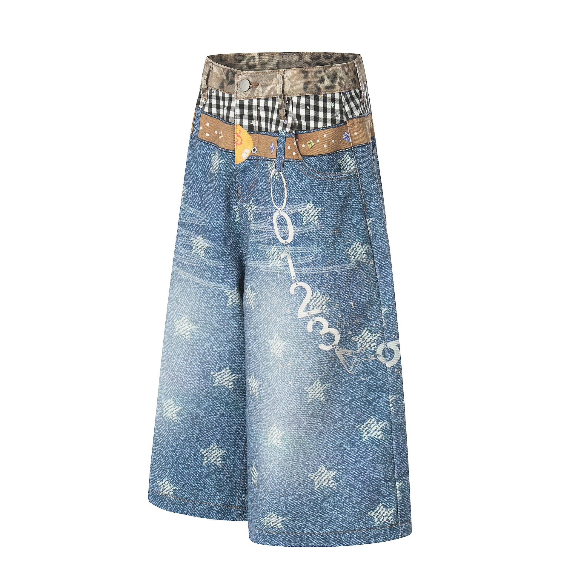 Women's Leopard Gingham Patchwork Star Print Wide Leg Denim Shorts - Front & Back Comparison