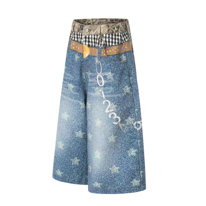 Women's Leopard Gingham Patchwork Star Print Number Embroidery High Waist Wide Leg Denim Shorts Y2K Streetwear Bermuda Jean Shorts
