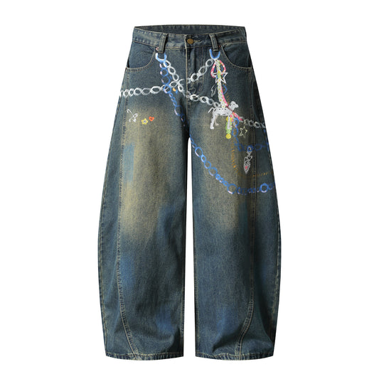 Graphic Chain Print Wide Leg Baggy Jeans Washed Denim High Waist Streetwear Y2K Casual Pants