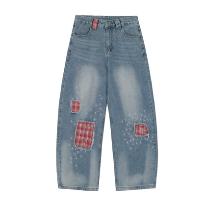 Red Plaid Patch Star Embroidery Wide Leg Jeans Washed Denim Patchwork Baggy Y2K Streetwear