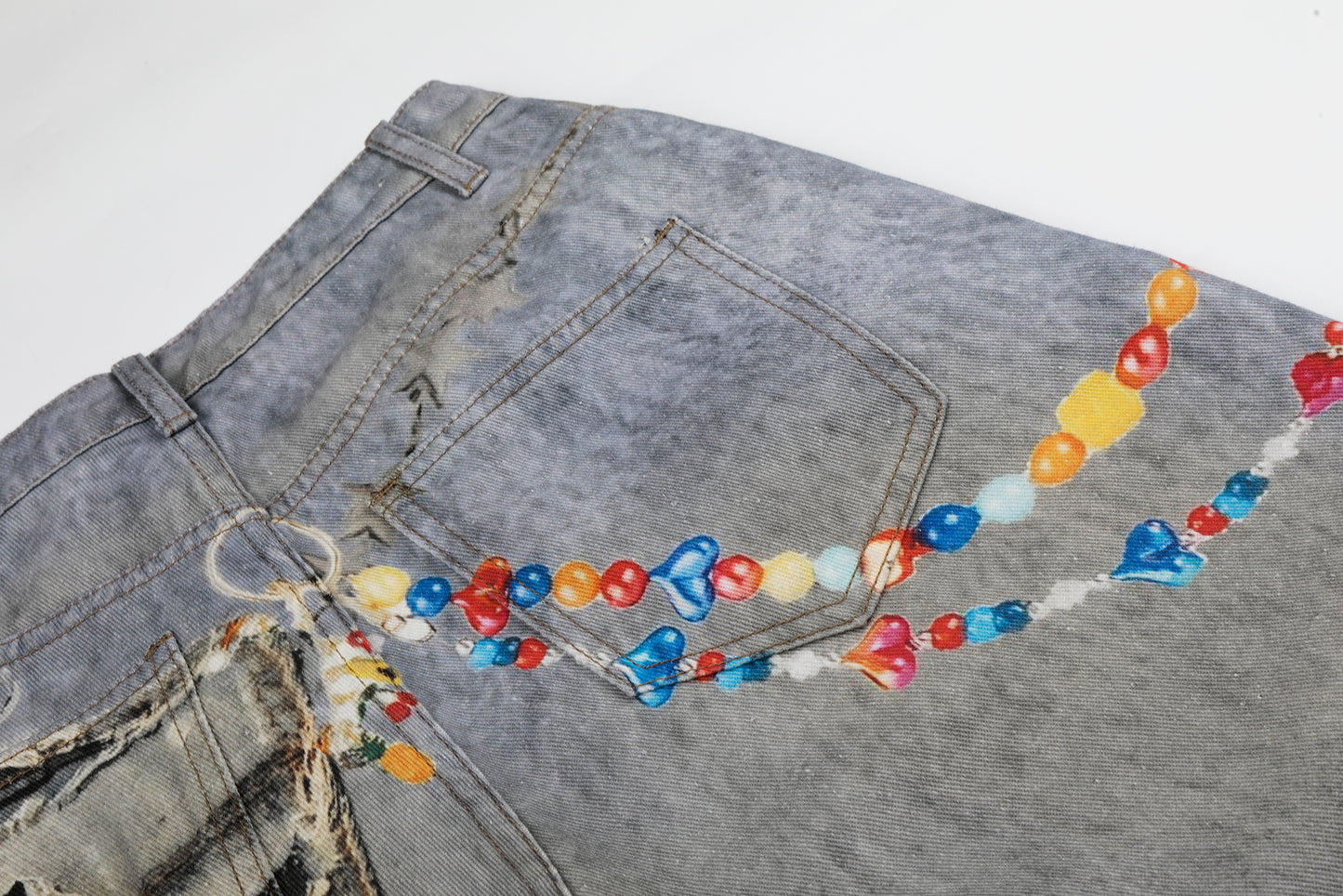 Women's Plush Doll Charm Chain Distressed Ripped Wide Leg Denim Jeans High Waist Beaded Y2K Streetwear Baggy Jeans