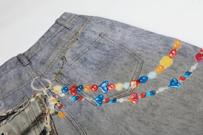 Women's Plush Doll Charm Chain Distressed Ripped Wide Leg Denim Jeans High Waist Beaded Y2K Streetwear Baggy Jeans