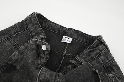 Women's Multi-Pocket Buckle Strap Distressed Denim Shorts High Waist Wide Leg Raw Hem Casual Streetwear Jean Shorts