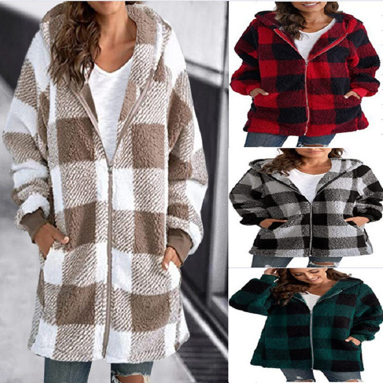 Europe and America plush women's outer 2024 new Amazon long sleeve plaid hooded zipper pocket loose outer