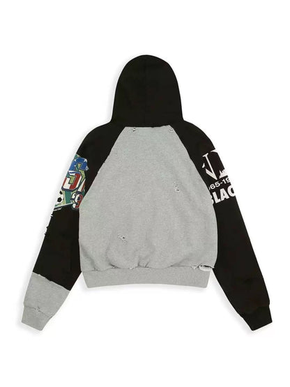 Protocol Index All American Football Print Raglan Zip Hoodie Distressed Washed Embroidered Streetwear | Grid Raglan