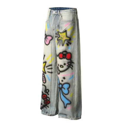 Kawaii Cat Graffiti Spray Paint Wide Leg Jeans Bow Star Cartoon Print High Waist Baggy Denim Pants Streetwear Barrel Trousers | Kitty Spray