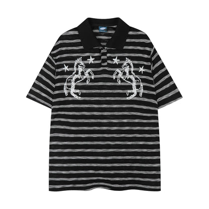 Twin Stallion Star Embroidery Stripe Polo Short Sleeve Oversized Streetwear Y2K Vintage Cotton Knit Top | Twin Stallion
