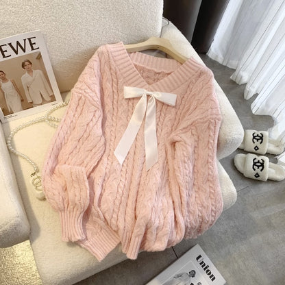 Gentle milk sweet pink loose v-neck lazy wind twist pullover women autumn and winter thickened sweater outer wear