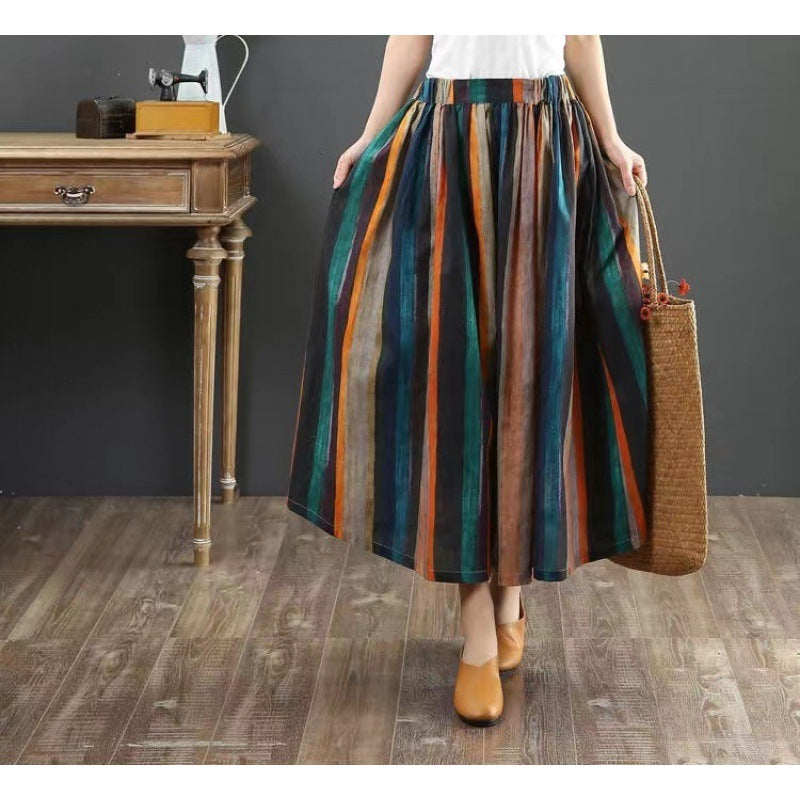 New style cotton and linen all-matching A-line skirt loose literary stripe printing medium-long pleated skirt for women