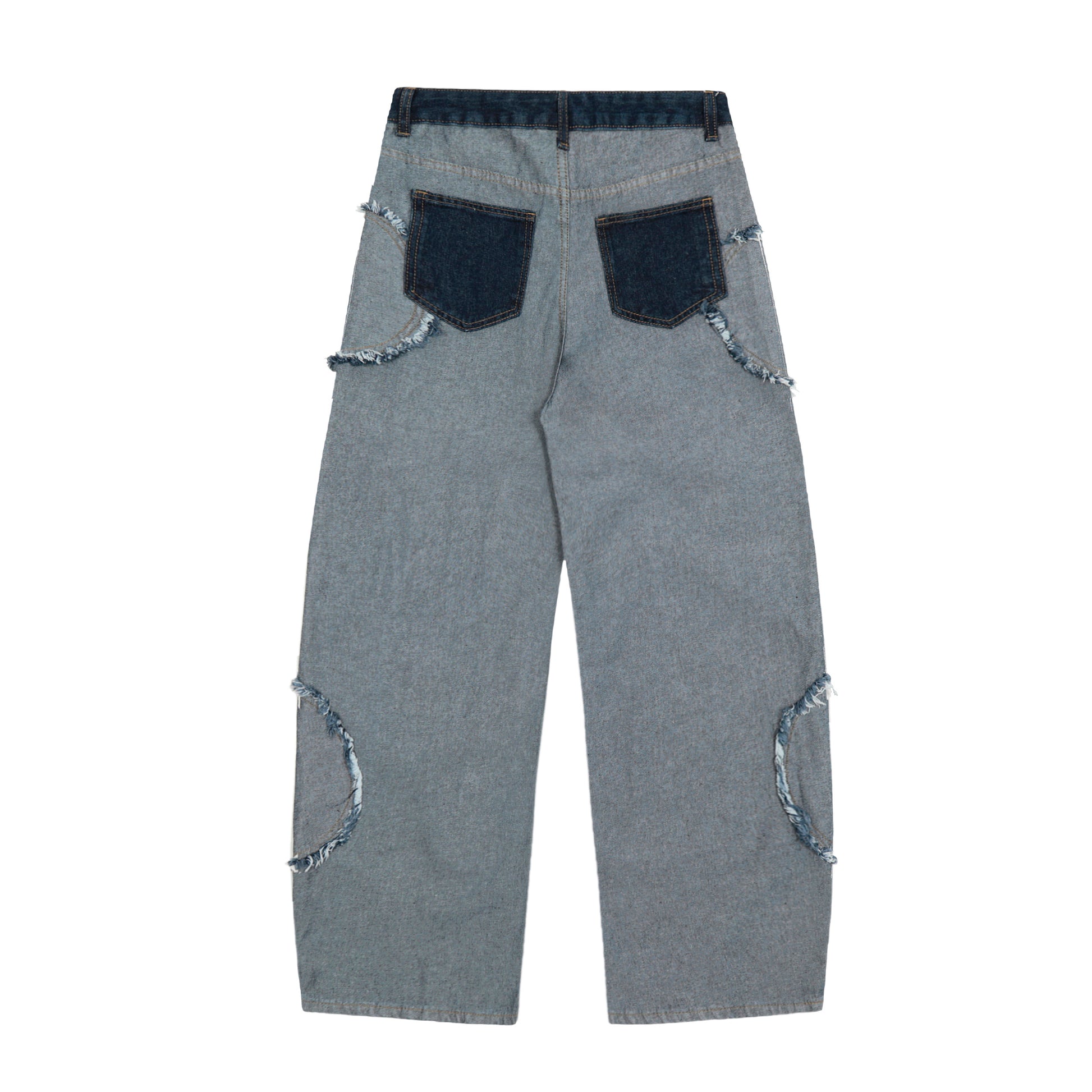 Dark Navy Waistband Raw Edge Arc Cutout Wide Leg Jeans - Grey Blue Front