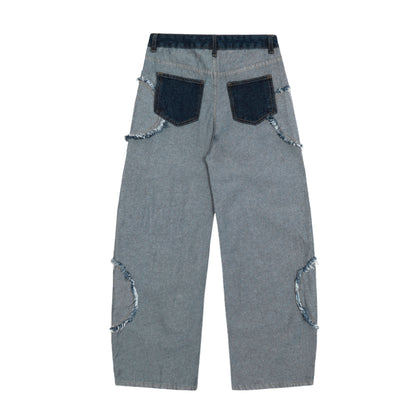 Dark Navy Waistband Raw Edge Arc Cutout Patchwork Baggy Wide Leg Jeans Deconstructed Y2K