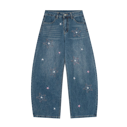 Star Embroidery Wide Leg Barrel Jeans High Waist Washed Y2K Streetwear Denim Pants